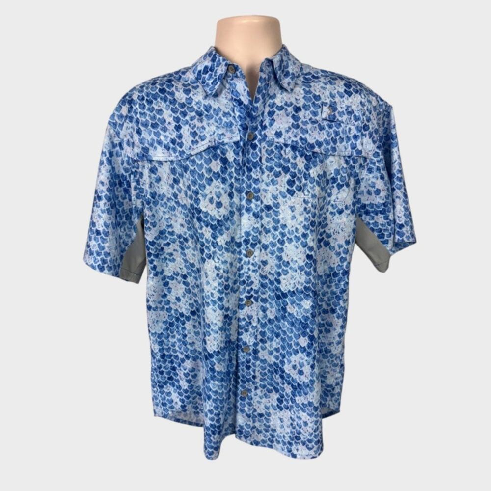 Reel Legends Medium Button Front Short Sleeve Blue Mariner Polyester Shirt